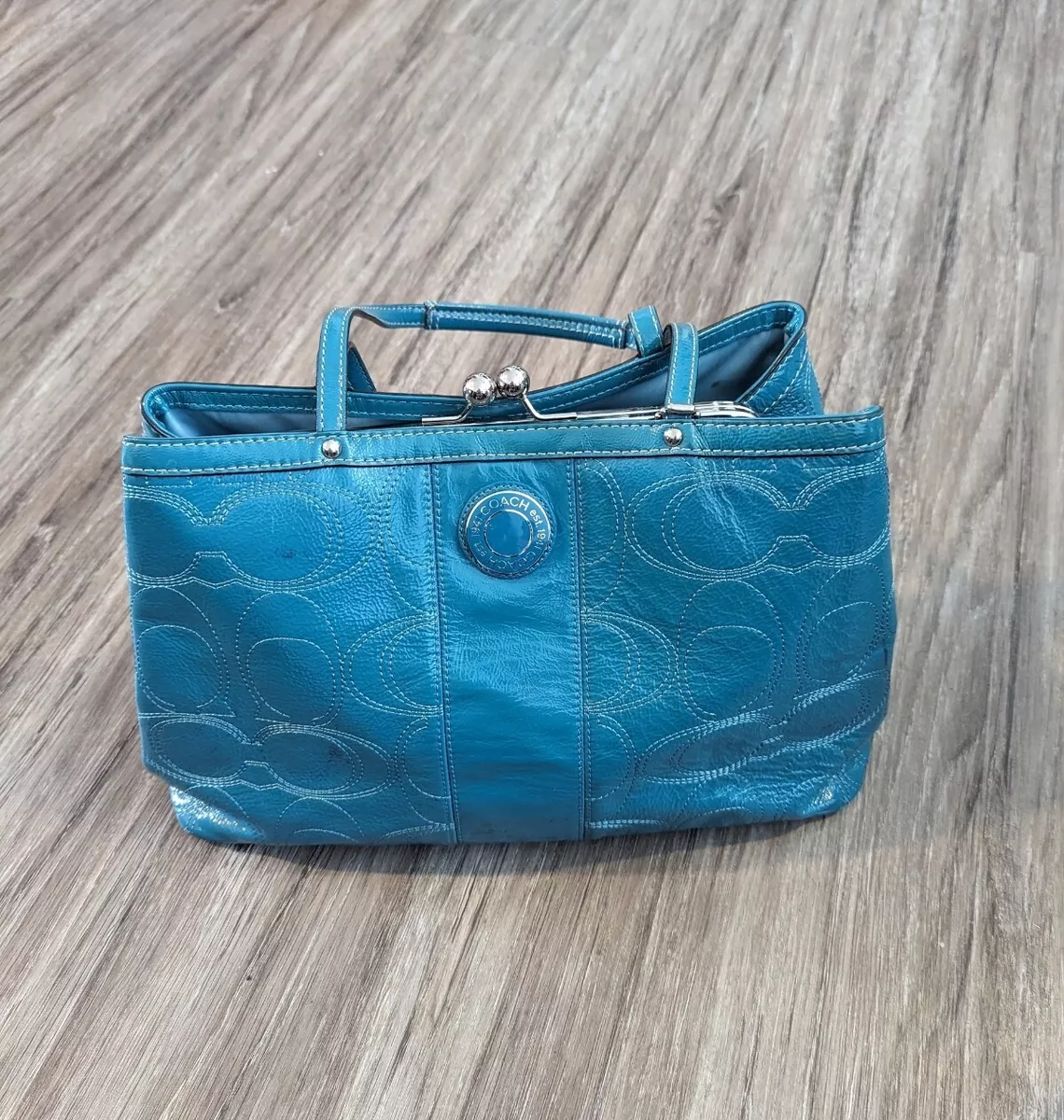 Coach Patent Leather Turquoise F15658 Kisslock Stitched Handbag Combo Purse