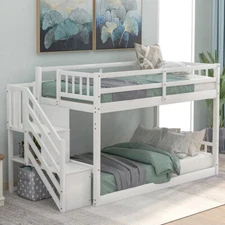 Twin Over Twin Floor Loft Bed Floor Bunk Bed Wood Bunk Bed with Storage Stairs