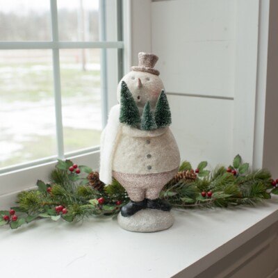 Primitive Christmas Ragon House 12.5'' Surprised Snowman Figurine HoldingTrees