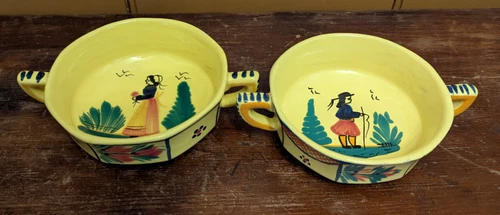 2 HB Henriot Quimper SOLEIL YELLOW 5 1/4" Flat Cream Soup Bowls; Man Lady France