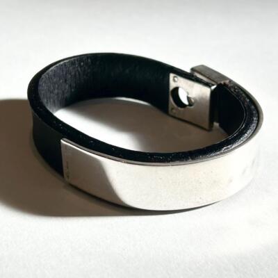 GUCCI Bangle Bracelet Cuff Black Leather Sterling Silver SV925