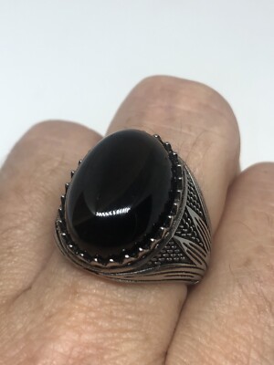 Vintage Black Onyx Ring Silver Stainless Steel Mens Size 10 5 Ebay
