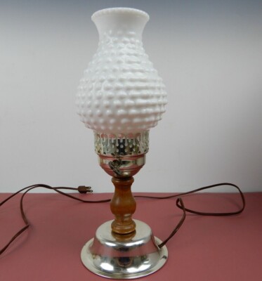 Vintage Table Lamp with Milk Glass Hobnail Lampshade W/Wood & Metallic Base