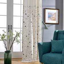 VOGOL European Simple Floral Embroidered Curtains Blue Elegant Faux Linen Cur...