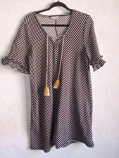 Anthropologie Mystree Dress Large Black & White Diagonal Striped Tasseled Boho