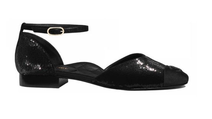 Chanel 20S Black Sequin CC Logo Mary Jane Ankle Strap Ballet