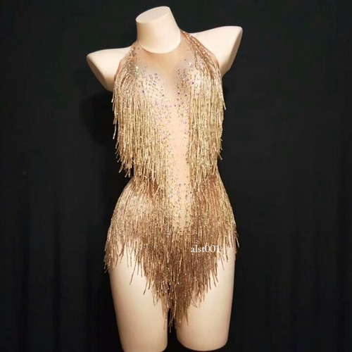 Funkelnder Strass Fransen Body Nachtclub Glitzer Perlen Tanz Kostüm Trikot - Bild 6 von 30