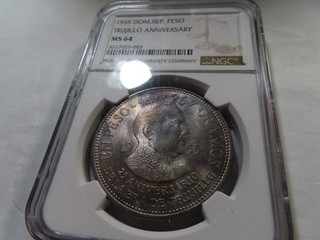 T45 Dominican Republic 1955 Silver Peso Trujillo Anniv. NGC MS 64 Nice Toning