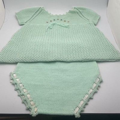 Handmade Green Knit Infant Girl Green Dress Set Embroidered Flowers 0-6 months
