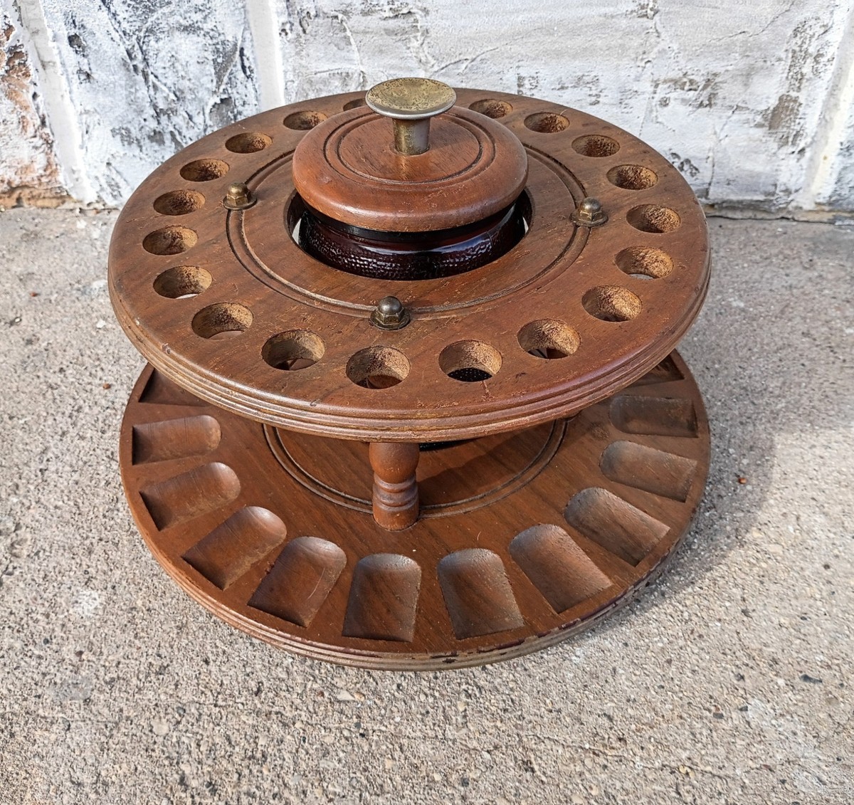 vintage tobacco holder Vintage Walnut? Rotating 20 Pipe Tobacco Holder Stand w/ Glass Humidor Jar