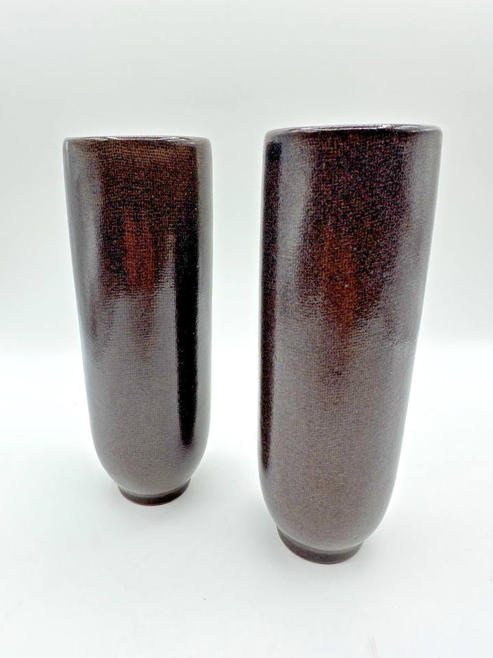 Vintage Mid Century Modern Brown Textured Ceramic Vases Pair Unmarked Scandinavi