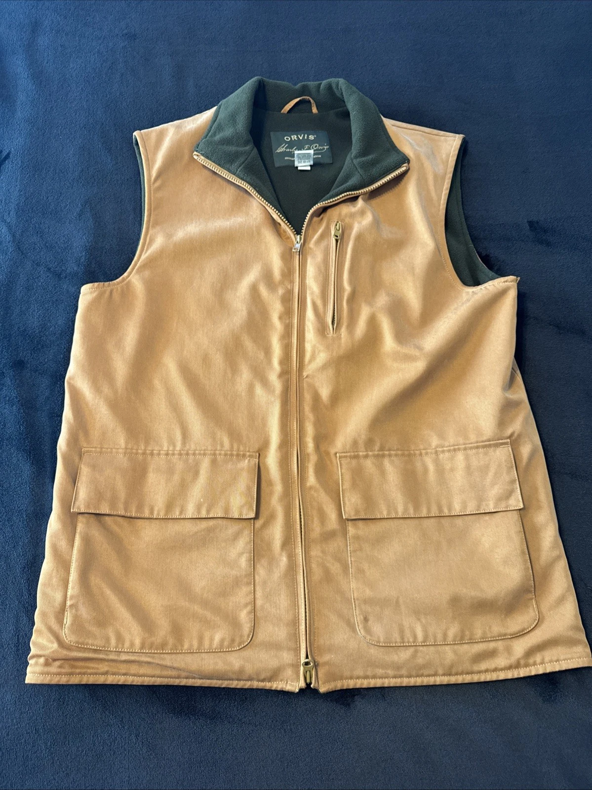 Orvis Men’s Fleece Lined Vest Tan Outdoor Workwear Utility Snap Pockets