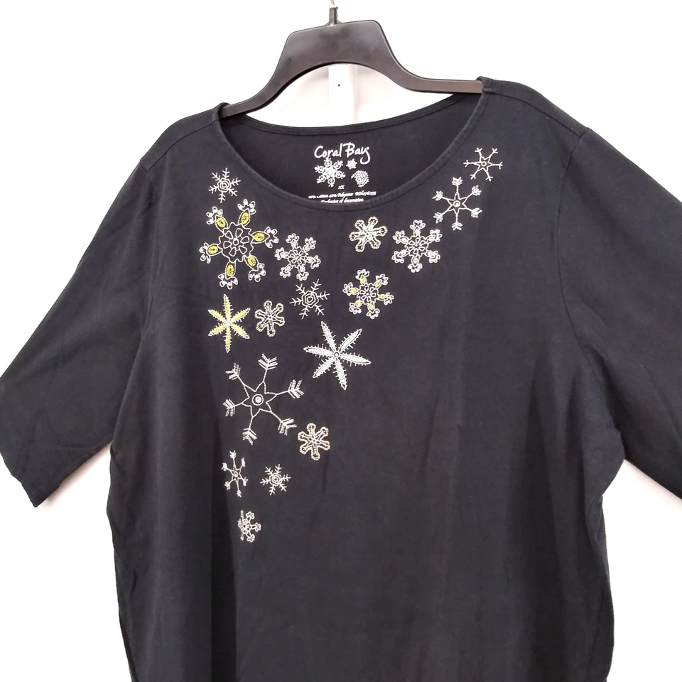 Camisa Coral Bay Mujer Talla Grande 2X Negra Cuentas Copos de Nieve Manga 3/4 Informal Top Foto 2 de 4