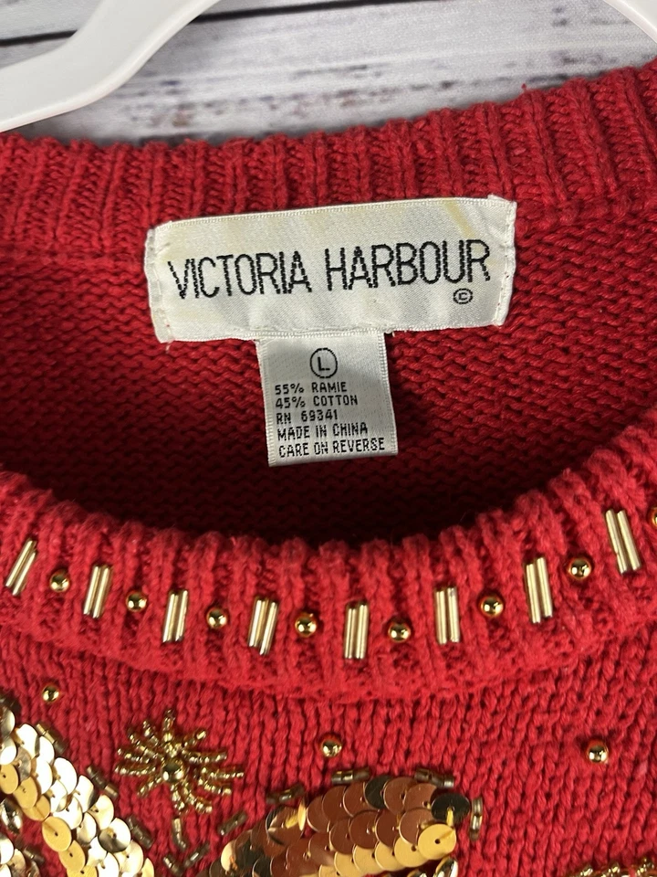 Victoria Harbour 女式刺绣亮片串珠毛衣 L 码假日复古 — 第 3/4 张图片