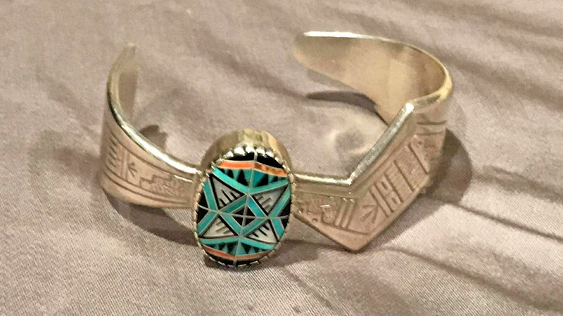 Vintage RMT Sterling Silver, Turquoise Mosaic Inlay Bracelet, Tenorio/Pollack