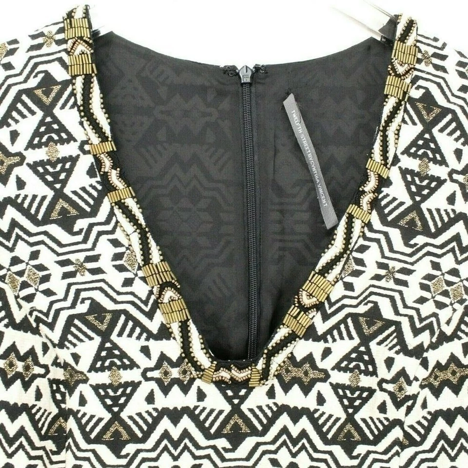 Twelfth Street Cynthia Vincent Mini Vestido 4 Negro Blanco Oro Cuentas Bordado Foto 4 de 4