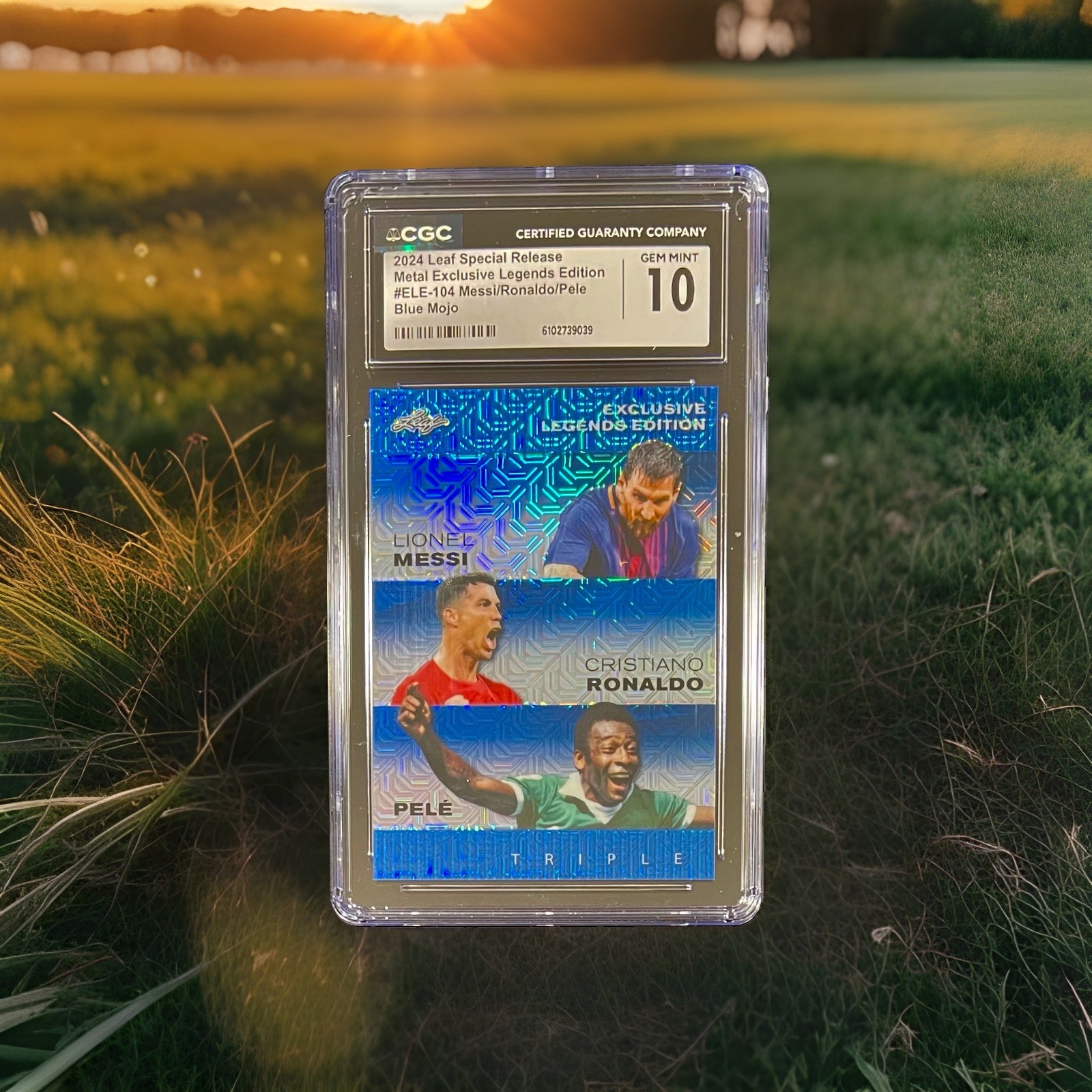2/20 CGC 10!!! Messi/Ronaldo/Pele 2024 Leaf Metal Exclusive Edition Blue Mojo