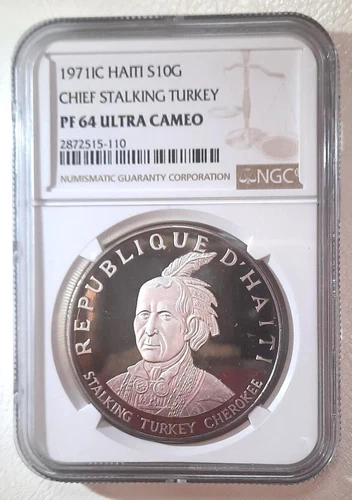 1971-IC HAITI CHIEF STALKING TURKEY -- SILVER, 10 GOURDES -- NGC PF 64, UC COIN