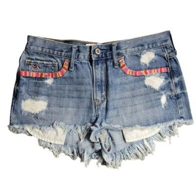 Hollister Embroidered Shorts Booty Colorful Blue Denim Jean Fringe Womens 