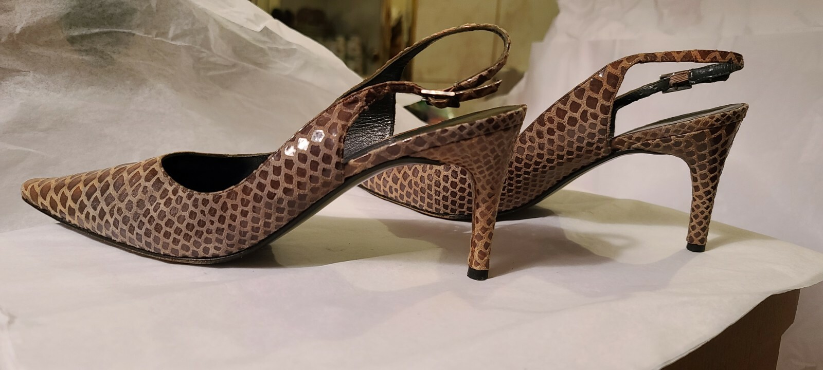 All leather buff goldwash python slingback pumps … - image 4