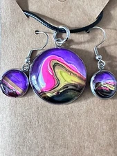Acrylic Pour Jewelry Abstract Art signed Necklace, Earring Set 4185 B