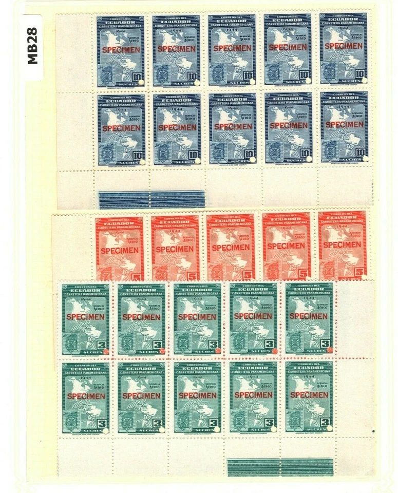 Estampillas de correo aéreo Ecuador PRUEBA A COLOR 1946 ESPÉCIMEN 3s-10s bloques UM MNH{30} MB28 Foto 2 de 4