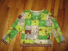 Ladies CAbi Green Brown Keys Geometric Cardigan Sweater Size M