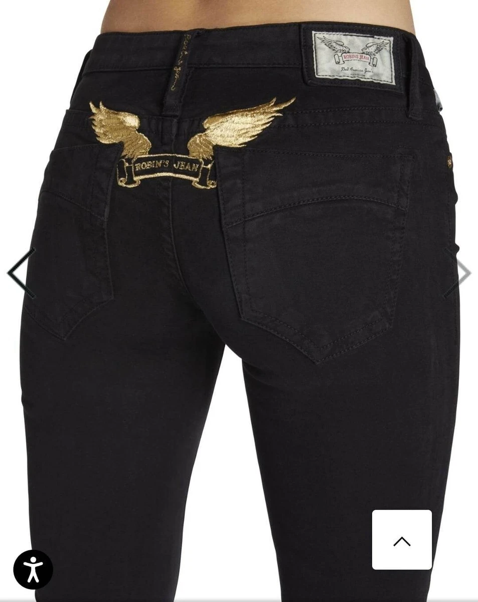Robin s Jean SKINNY JEANS IN BLACK WITH GOLD WINGS AND Polka Dots Size 25 XS