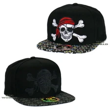 Skull Pirates Hat Cross Bones Embroidered Cotton Snapback Flat Bill Baseball Cap