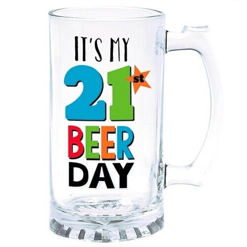 Tazza birra in vetro massiccio con manico 15 oz. "È IL MIO 21° GIORNO DELLA BIRRA" - NUOVO!!! - Foto 1 di 5