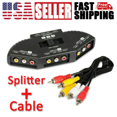 AV Composite RCA Selector Box Switch Splitter w/ Cable Cord Plug Fosmon 3 Port