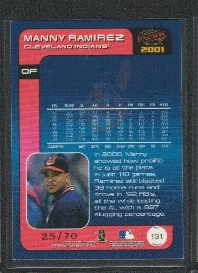 2001 PACIFIC HOBBY LIMITED LTD FOIL PARALLEL #131 MANNY RAMIREZ INDIAN SP #25/70 - Image 2 of 2