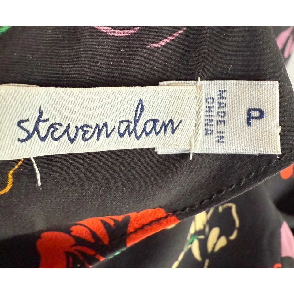 Steven Alan Blouse Top Women's Small Black Floral Silk Round Neck Keyhole Back - Image 3 of 4