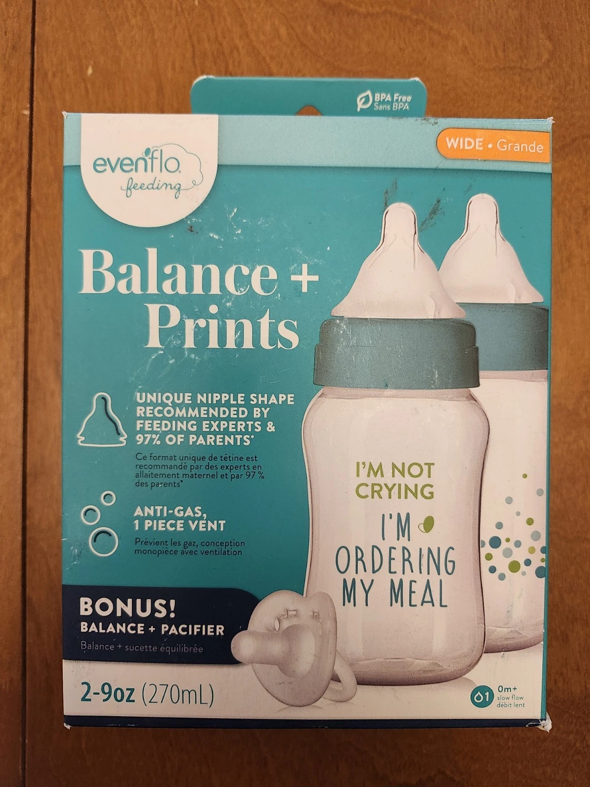 EVENFLO Balance+Prints 2-9oz Baby Bottles and a Balance + Pacifier. New In Box