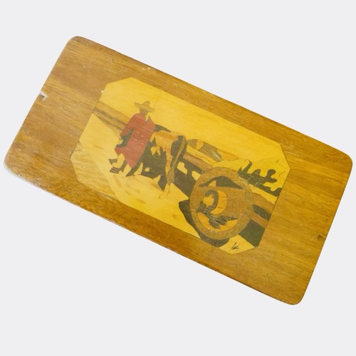 Vintage Jesús Salmón Mexican Folk Art Wooden Stamp Box Marquetry Ox Cart 1940s