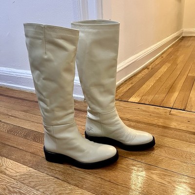 Zara White Knee High Boots Minimalist Riding Flat Made in Spain Leather US 5-6