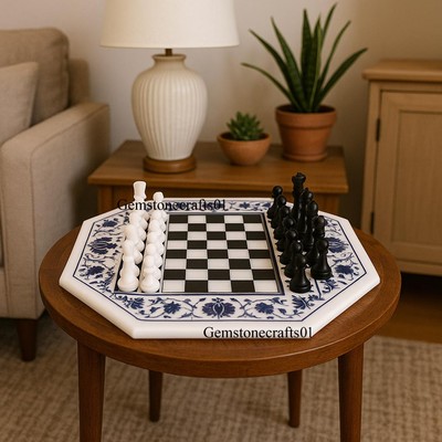 WITE MARBLE CHESS BOARD | Lapis Inlay Floral Arts Chess Sets | Gifts For Her