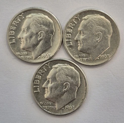 Lot of 3 ~ 1963 D 90% Silver ~ Good Condition Roosevelt Dimes. FREE SHIPPING!!