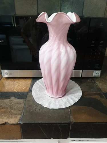 Vintage Pink White Fenton Milk Glass Swirl Tall  Vase Ruffle 11 3/8 Inch