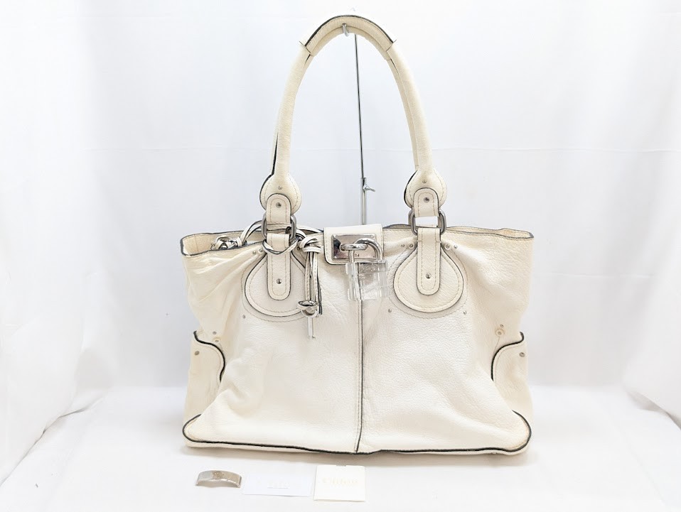 Chloe Paddington Bolso de Mano Claro Candado Llave Blanco Plata Cuero Auténti...