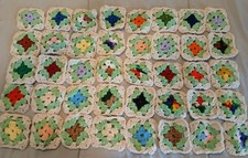 Lot of 40 Handmade Crochet Granny Squares 3.5" Cream / Multicolor