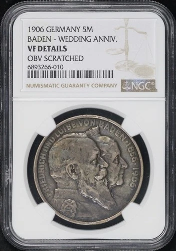 1906 German States Baden Silver Wedding Anniv. 5 Mark NGC VF Det. Obv. Scratched
