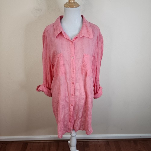 Style & Co Women's Pink Coral Long Sleeve Button Down Cotton Tunic Shirt Size XL