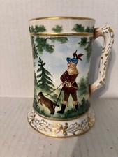 VINTAGE MYCENIAN HAYNES POTTERY MUG HUNTER WITH DOG CHASING RABBIT MUG 5-½"