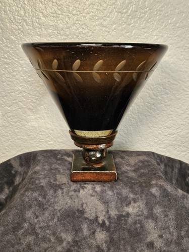 Jan Barboglio Martini Glass Forged Iron Hand Blown Amber Etched Laurel Wreath