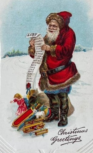 POSTAL DE NAVIDAD ~ SANTA CLAUS con BOLSA DE JUGUETES CHEQUES LARGA LISTA DE BUENOS NIÑOS - Imagen 3 de 3