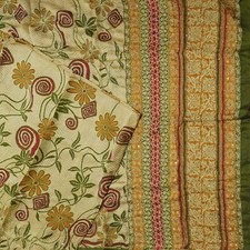 Vintage Beige Sarees 100 Pure Silk Hand Embroidered Sari 5YD Decor Craft Fabric