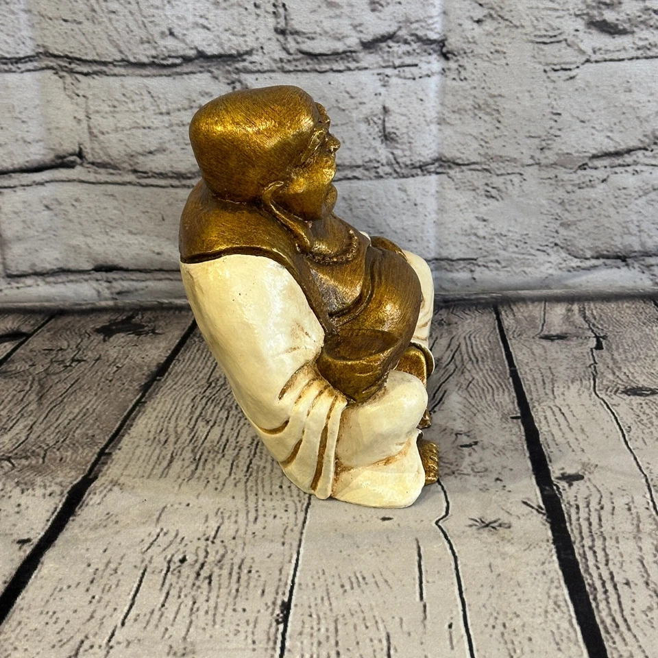 Blanco y Bronce 18cm x 15cm Grande Buda Chino Sentado Sobre Loto Estatua Resina Foto 4 de 4