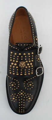 靴 archive GUCCI Leather Double Monk Shoes GUCCI Double Monk Feline Tiger Motif Gold Studded Queercore Black