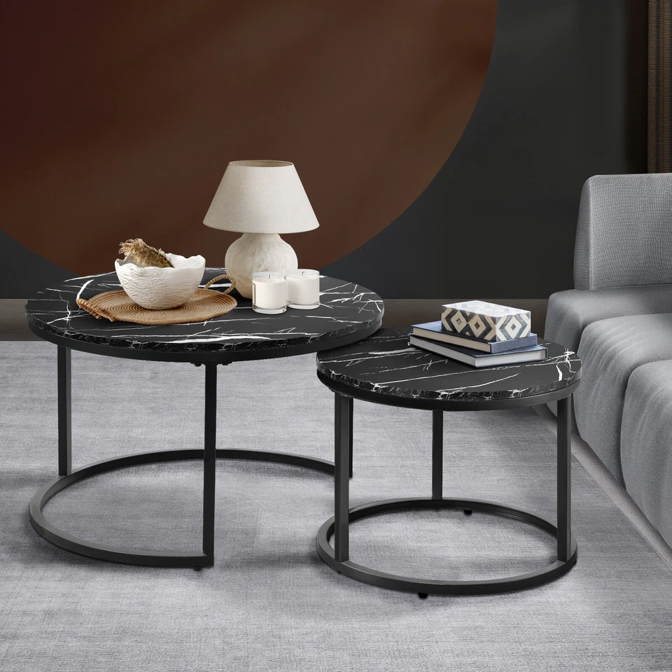 Oikiture Set of 2 Coffee Table Round Nesting Side End Table Black